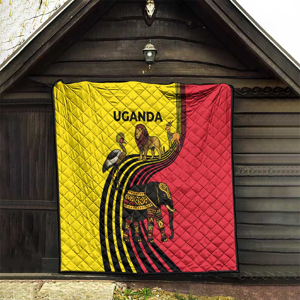 Uganda Quilt - African Wildlife Elephant Lion and Crane in Tribal Pattern Design
