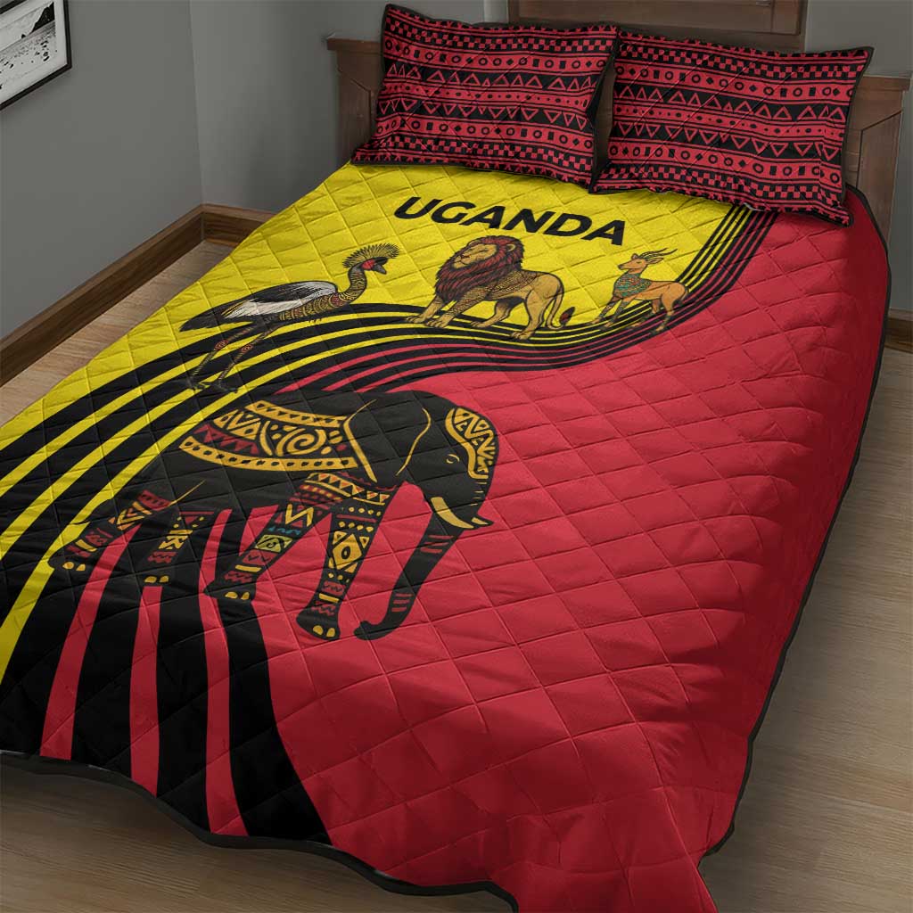 Uganda Quilt Bed Set - African Wildlife Elephant Lion and Crane in Tribal Pattern Design