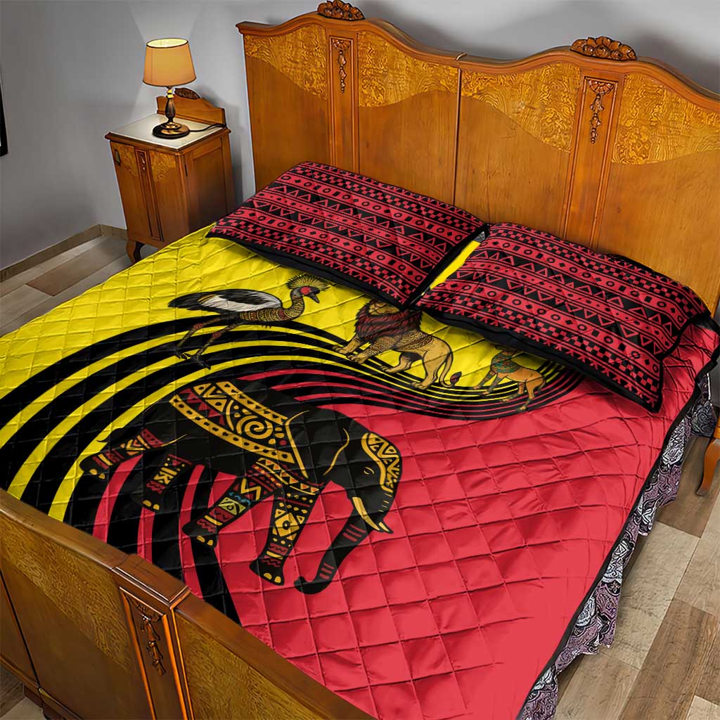 Uganda Quilt Bed Set - African Wildlife Elephant Lion and Crane in Tribal Pattern Design