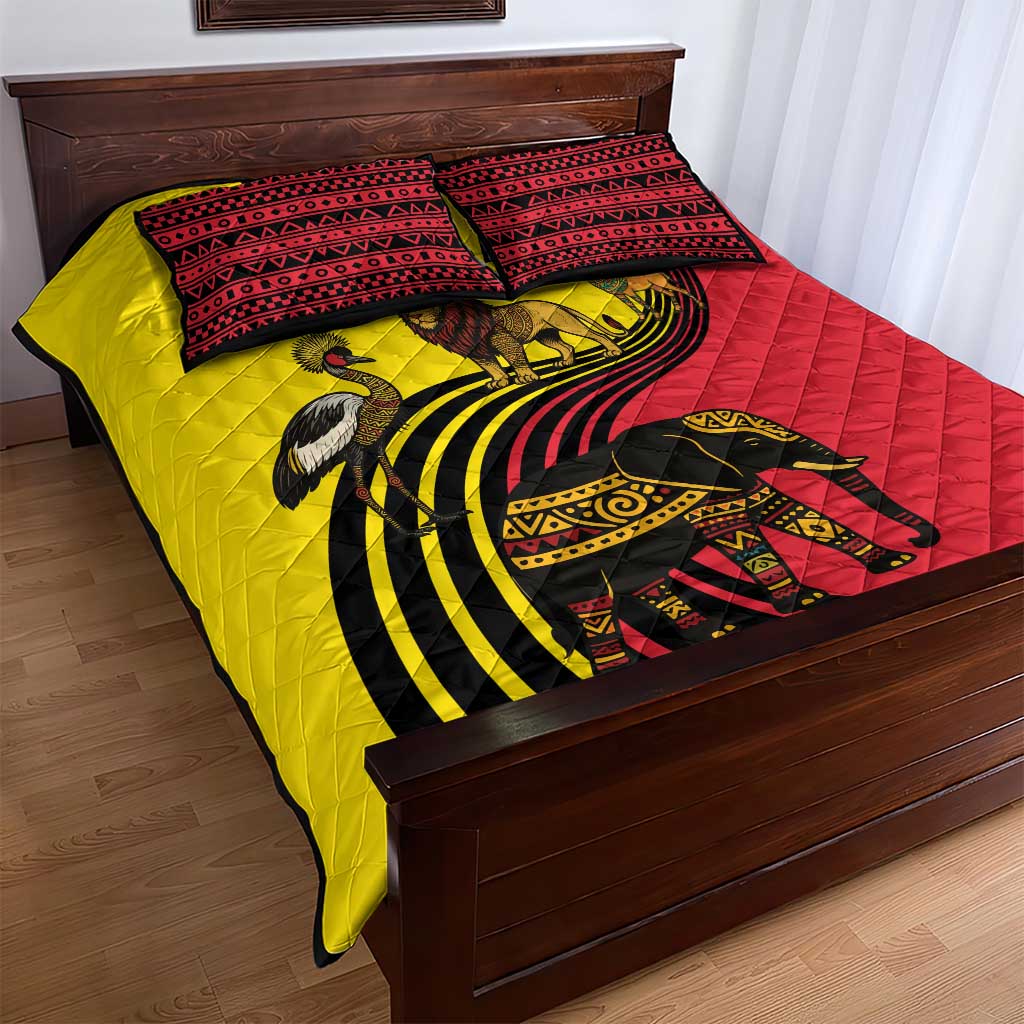 Uganda Quilt Bed Set - African Wildlife Elephant Lion and Crane in Tribal Pattern Design