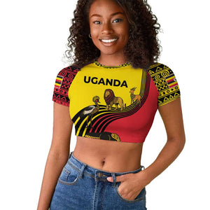 Uganda Raglan Cropped T shirt - African Wildlife Elephant Lion and Crane in Tribal Pattern Design