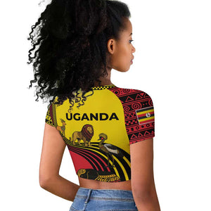 Uganda Raglan Cropped T shirt - African Wildlife Elephant Lion and Crane in Tribal Pattern Design