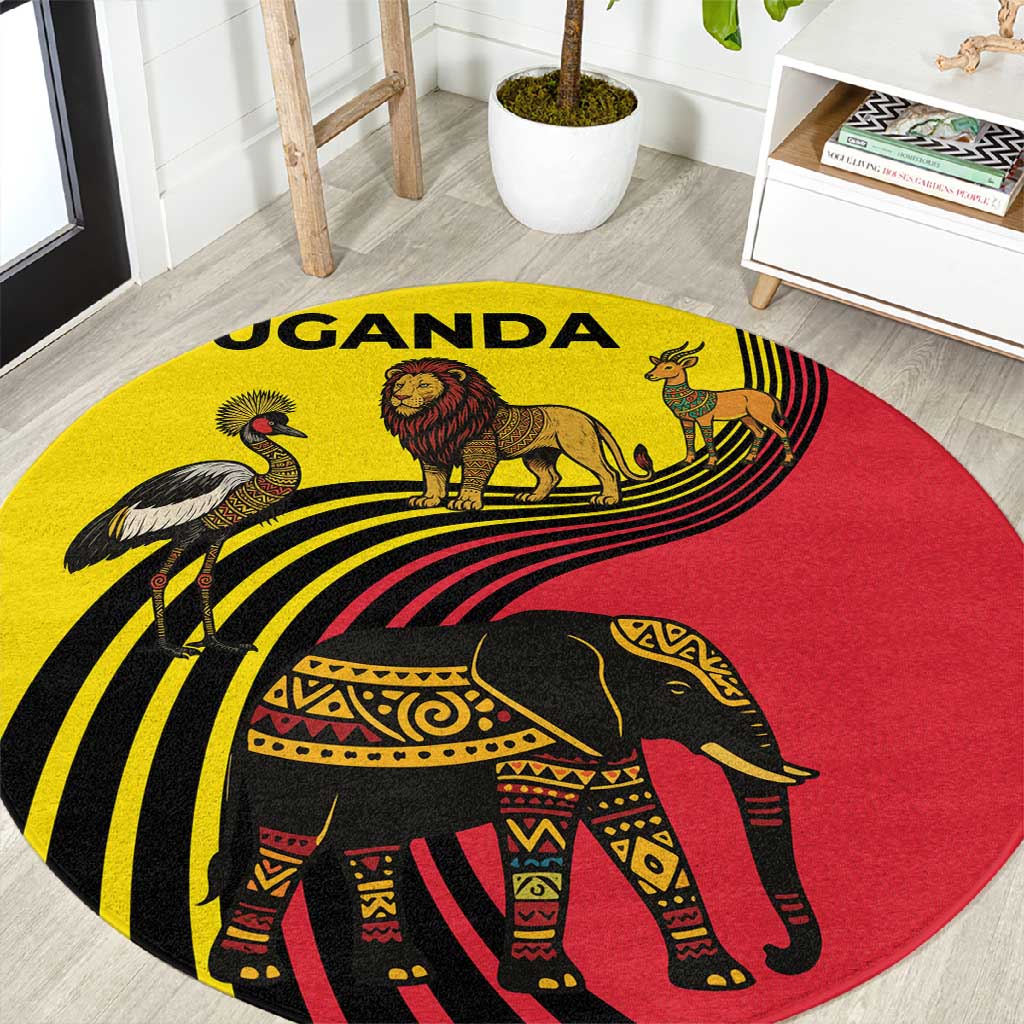 Uganda Round Carpet - African Wildlife Elephant Lion and Crane in Tribal Pattern Design