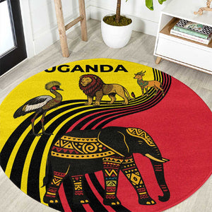 Uganda Round Carpet - African Wildlife Elephant Lion and Crane in Tribal Pattern Design
