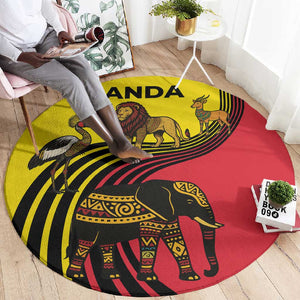 Uganda Round Carpet - African Wildlife Elephant Lion and Crane in Tribal Pattern Design