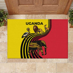 Uganda Rubber Doormat - African Wildlife Elephant Lion and Crane in Tribal Pattern Design