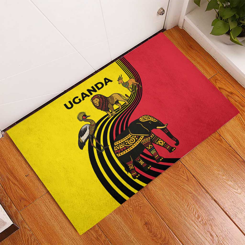 Uganda Rubber Doormat - African Wildlife Elephant Lion and Crane in Tribal Pattern Design