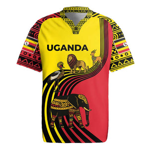 Uganda Rugby Jersey - African Wildlife Elephant Lion and Crane in Tribal Pattern Design