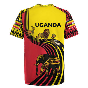 Uganda Rugby Jersey - African Wildlife Elephant Lion and Crane in Tribal Pattern Design