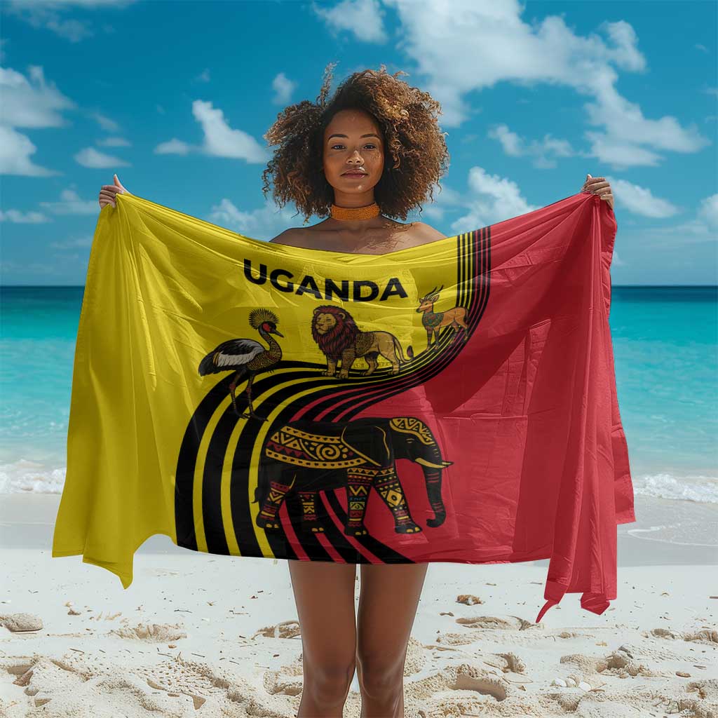 Uganda Sarong - African Wildlife Elephant Lion and Crane in Tribal Pattern Design