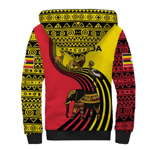 Uganda Sherpa Hoodie - African Wildlife Elephant Lion and Crane in Tribal Pattern Design