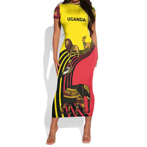 Uganda Short Sleeve Bodycon Dress - African Wildlife Elephant Lion and Crane in Tribal Pattern Design TS04