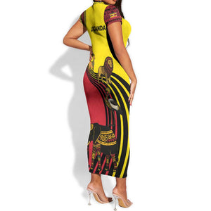 Uganda Short Sleeve Bodycon Dress - African Wildlife Elephant Lion and Crane in Tribal Pattern Design TS04