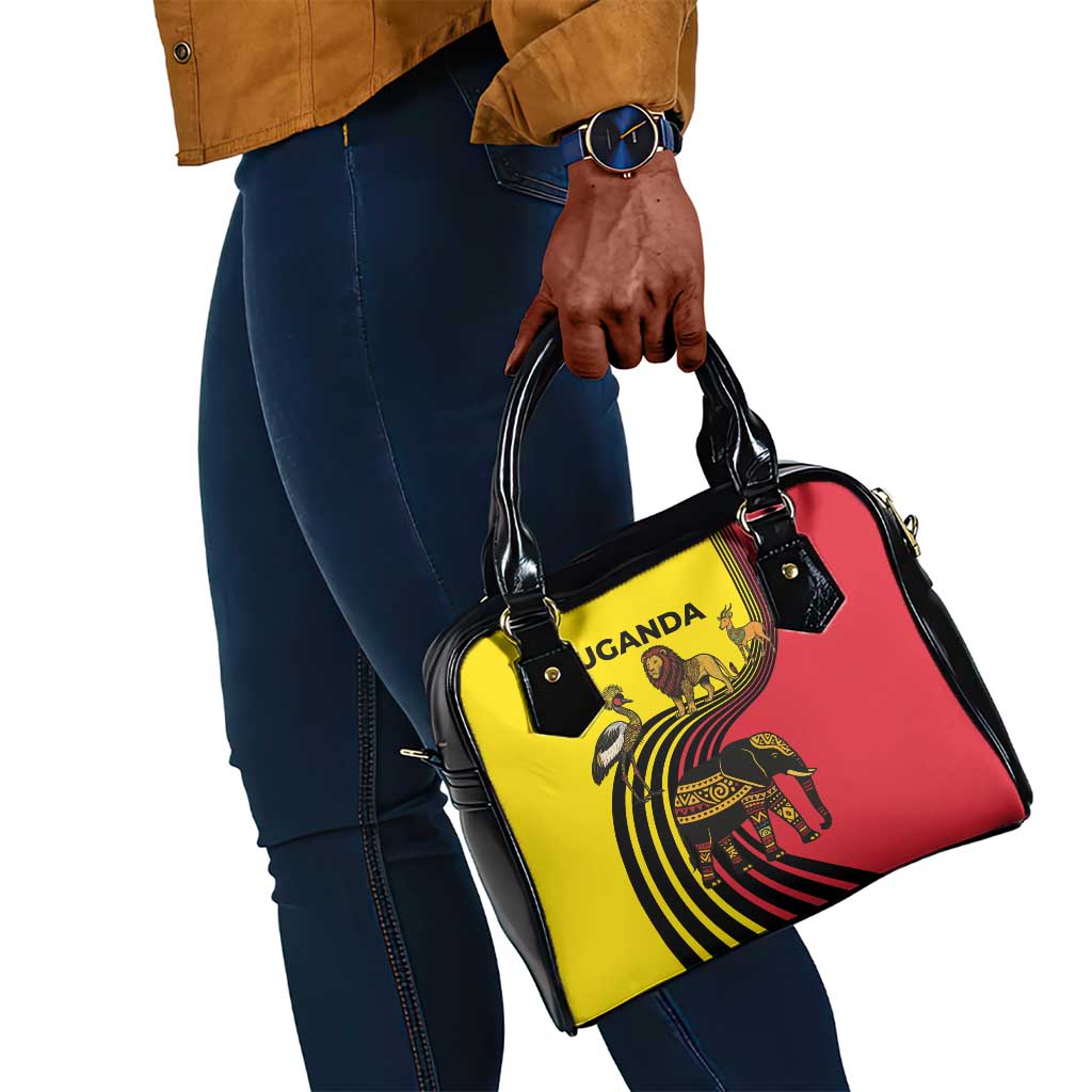 Uganda Shoulder Handbag - African Wildlife Elephant Lion and Crane in Tribal Pattern Design
