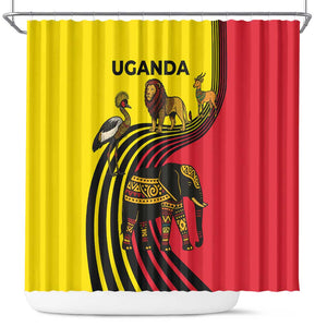 Uganda Shower Curtain - African Wildlife Elephant Lion and Crane in Tribal Pattern Design