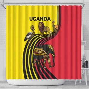 Uganda Shower Curtain - African Wildlife Elephant Lion and Crane in Tribal Pattern Design