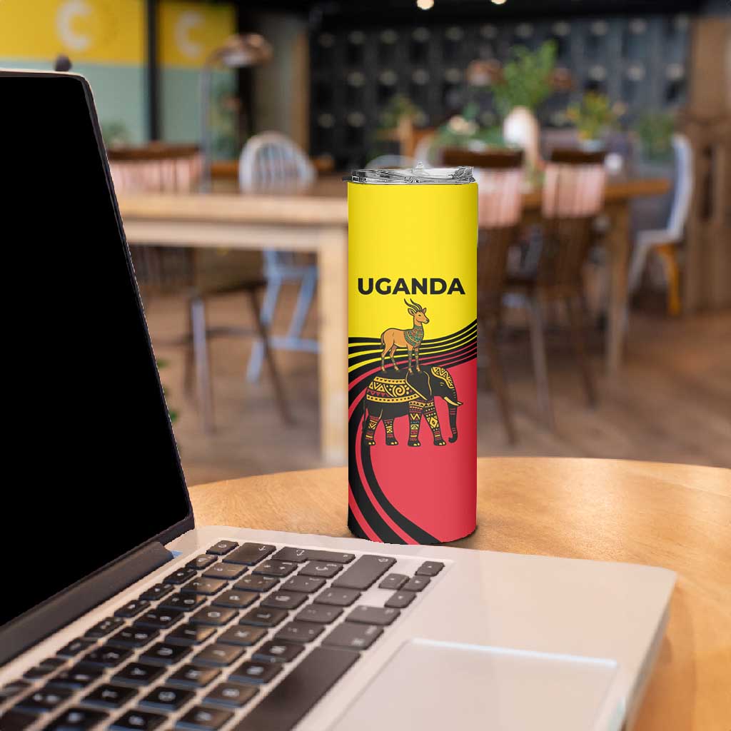 Uganda Skinny Tumbler - African Wildlife Elephant Lion and Crane in Tribal Pattern Design