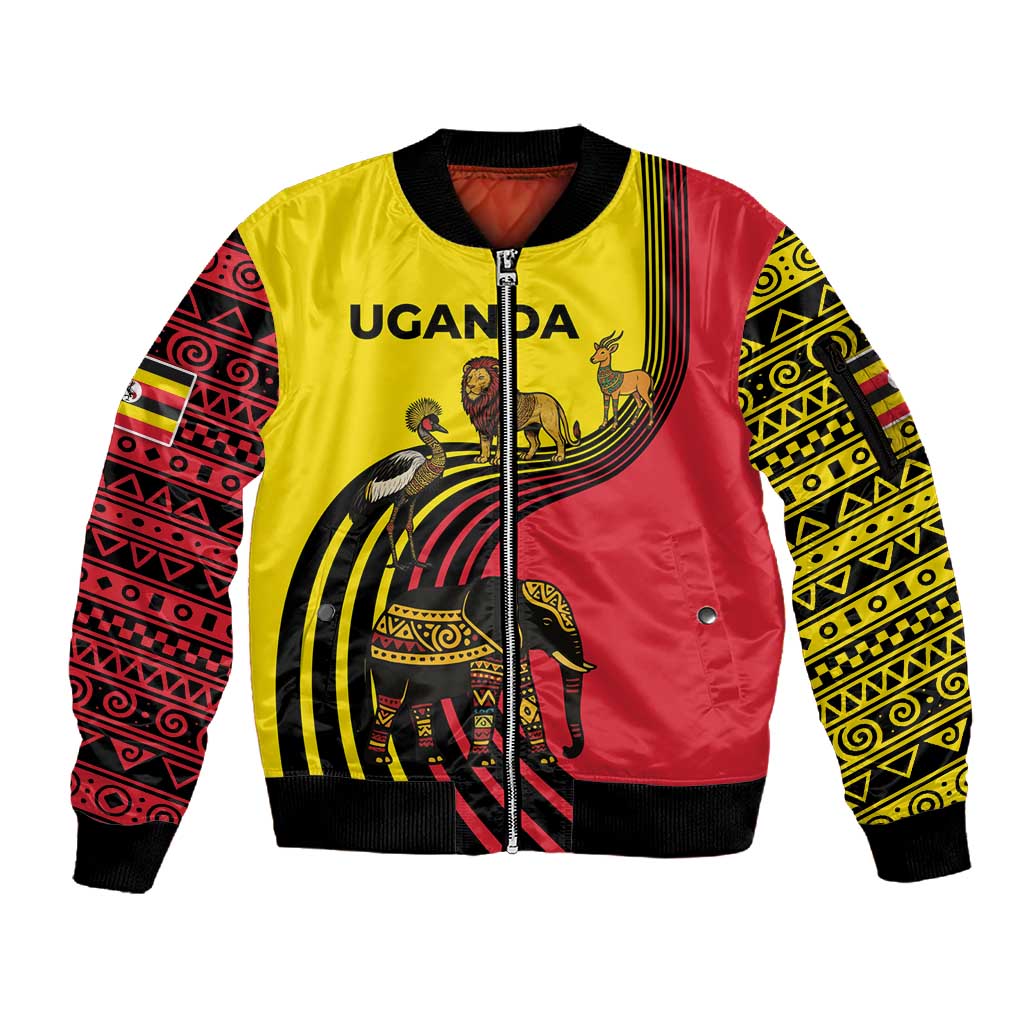 Uganda Sleeve Zip Bomber Jacket - African Wildlife Elephant Lion and Crane in Tribal Pattern Design