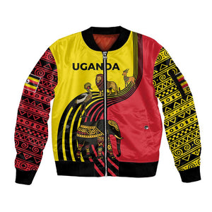 Uganda Sleeve Zip Bomber Jacket - African Wildlife Elephant Lion and Crane in Tribal Pattern Design
