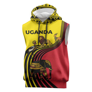 Uganda Sleeveless Hoodie - African Wildlife Elephant Lion and Crane in Tribal Pattern Design - African Pride