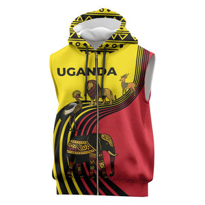 Uganda Sleeveless Zip Hoodie - African Wildlife Elephant Lion and Crane in Tribal Pattern Design - African Pride