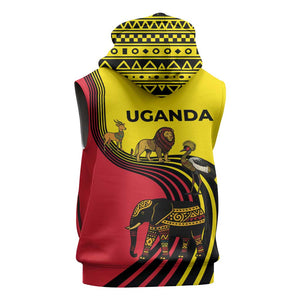 Uganda Sleeveless Zip Hoodie - African Wildlife Elephant Lion and Crane in Tribal Pattern Design - African Pride
