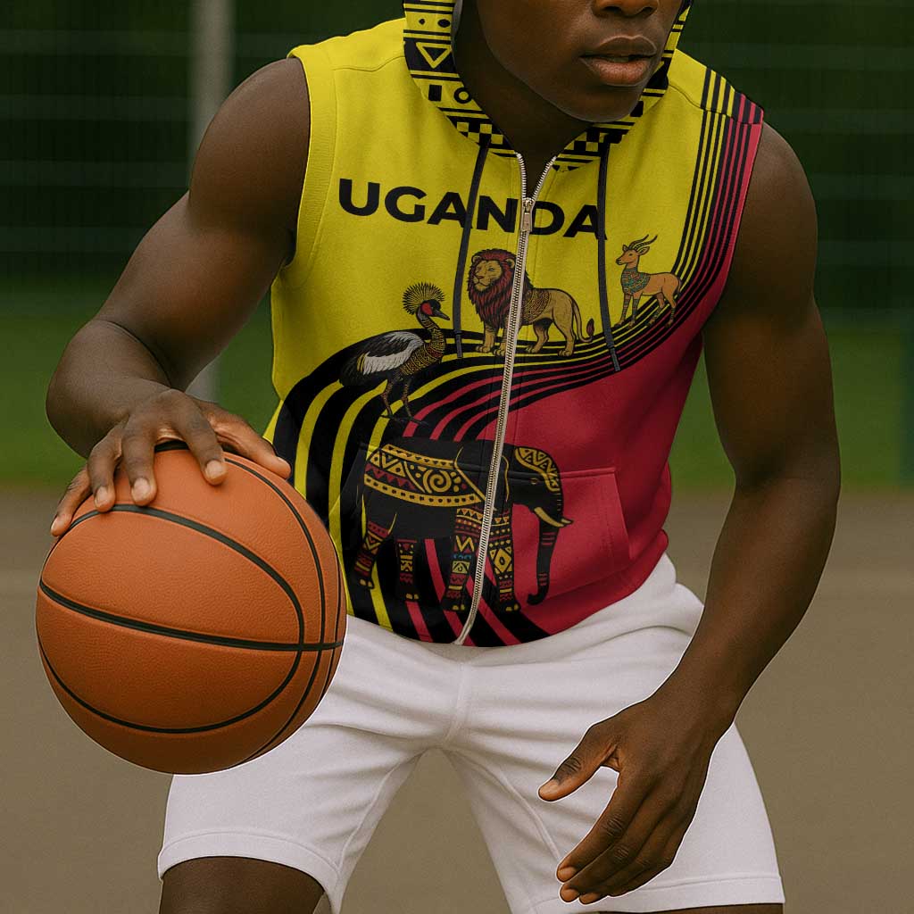 Uganda Sleeveless Zip Hoodie - African Wildlife Elephant Lion and Crane in Tribal Pattern Design - African Pride