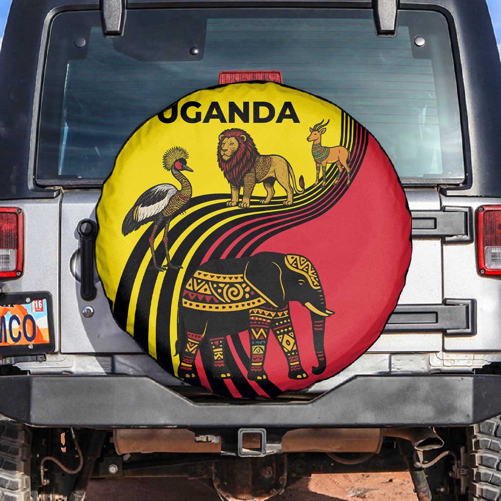 Uganda Spare Tire Cover - African Wildlife Elephant Lion and Crane in Tribal Pattern Design