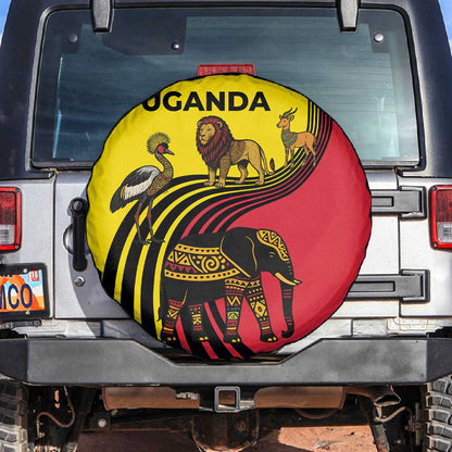 Uganda Spare Tire Cover - African Wildlife Elephant Lion and Crane in Tribal Pattern Design