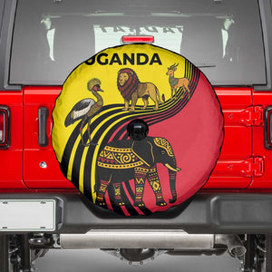 Uganda Spare Tire Cover - African Wildlife Elephant Lion and Crane in Tribal Pattern Design
