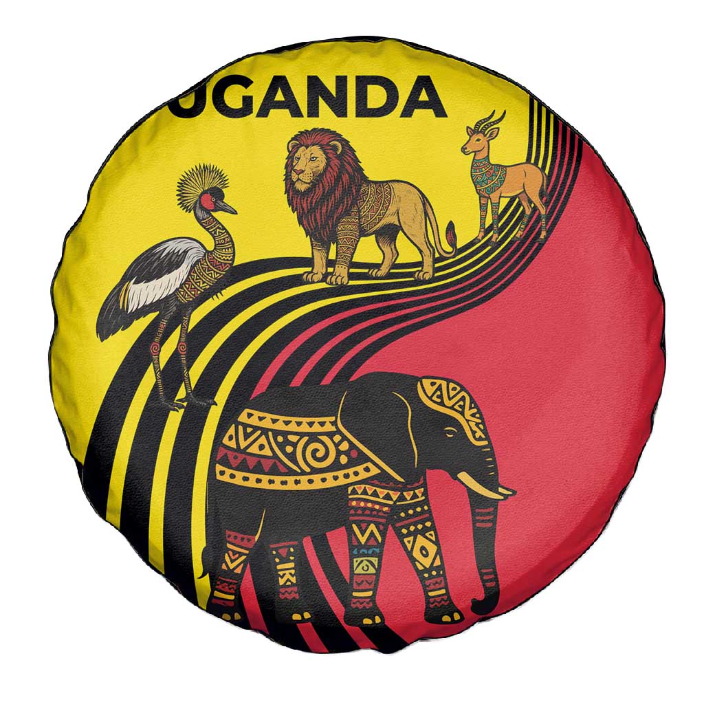 Uganda Spare Tire Cover - African Wildlife Elephant Lion and Crane in Tribal Pattern Design