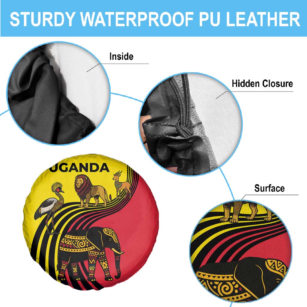 Uganda Spare Tire Cover - African Wildlife Elephant Lion and Crane in Tribal Pattern Design
