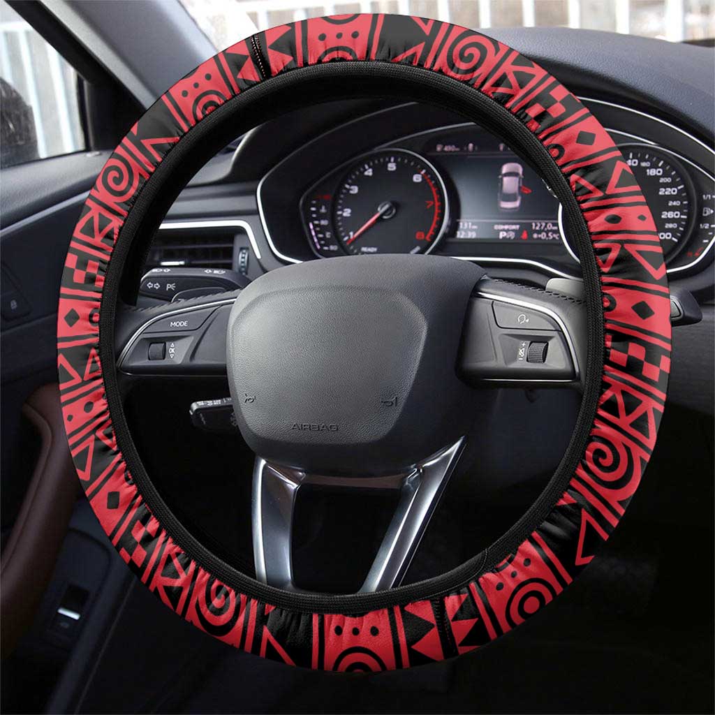 Uganda Steering Wheel Cover - African Wildlife Elephant Lion and Crane in Tribal Pattern Design