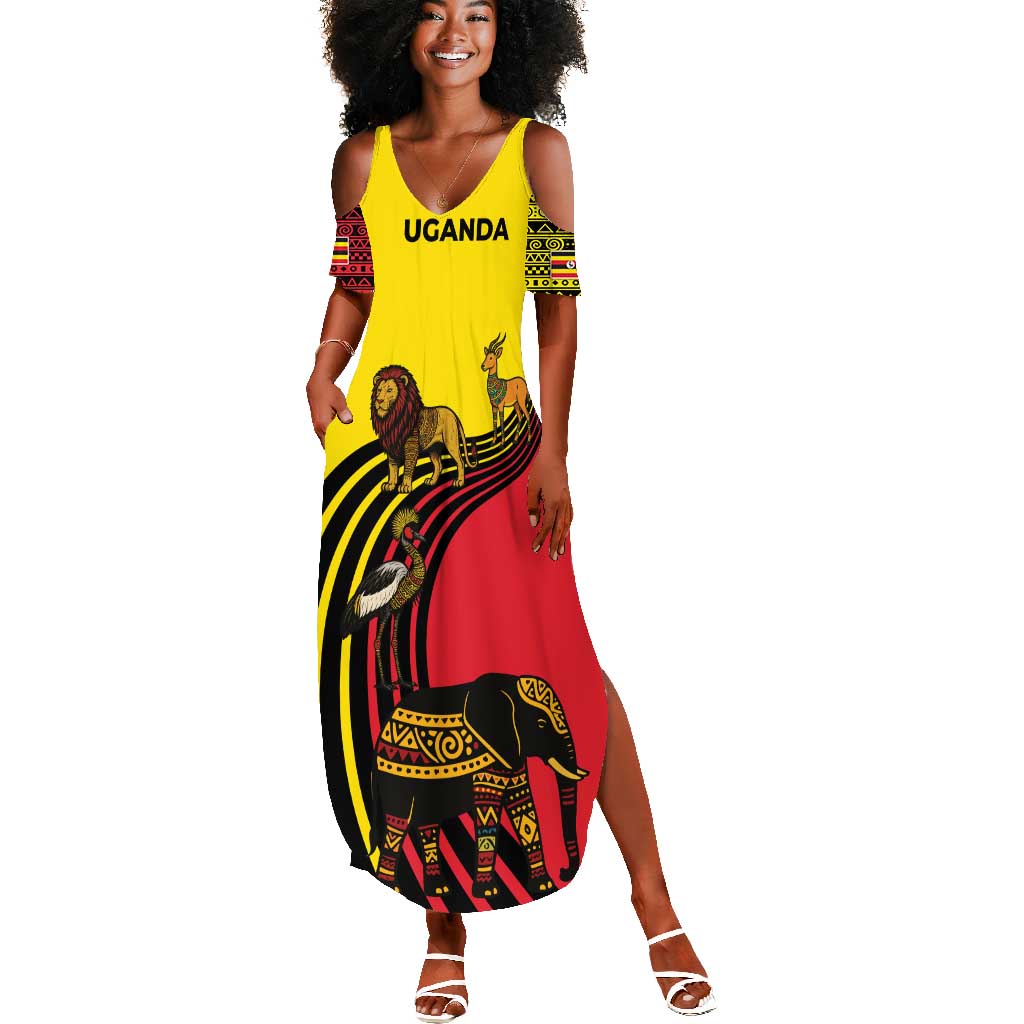 Uganda Summer Maxi Dress - African Wildlife Elephant Lion and Crane in Tribal Pattern Design