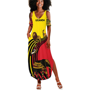 Uganda Summer Maxi Dress - African Wildlife Elephant Lion and Crane in Tribal Pattern Design