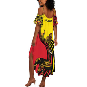 Uganda Summer Maxi Dress - African Wildlife Elephant Lion and Crane in Tribal Pattern Design