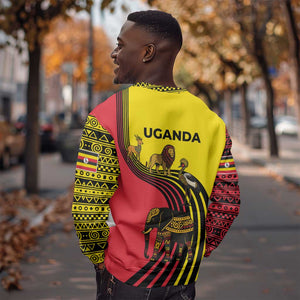 Uganda Sweatshirt - African Wildlife Elephant Lion and Crane in Tribal Pattern Design