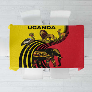 Uganda Tablecloth - African Wildlife Elephant Lion and Crane in Tribal Pattern Design