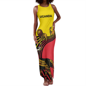 Uganda Tank Maxi Dress - African Wildlife Elephant Lion and Crane in Tribal Pattern Design