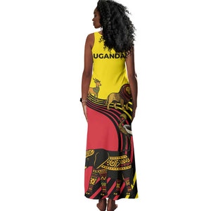 Uganda Tank Maxi Dress - African Wildlife Elephant Lion and Crane in Tribal Pattern Design