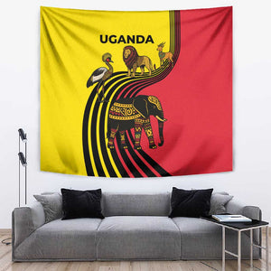 Uganda Tapestry - African Wildlife Elephant Lion and Crane in Tribal Pattern Design