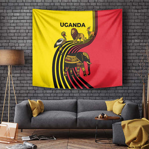 Uganda Tapestry - African Wildlife Elephant Lion and Crane in Tribal Pattern Design