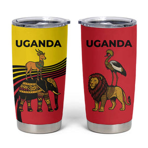 Uganda Tumbler Cup - African Wildlife Elephant Lion and Crane in Tribal Pattern Design
