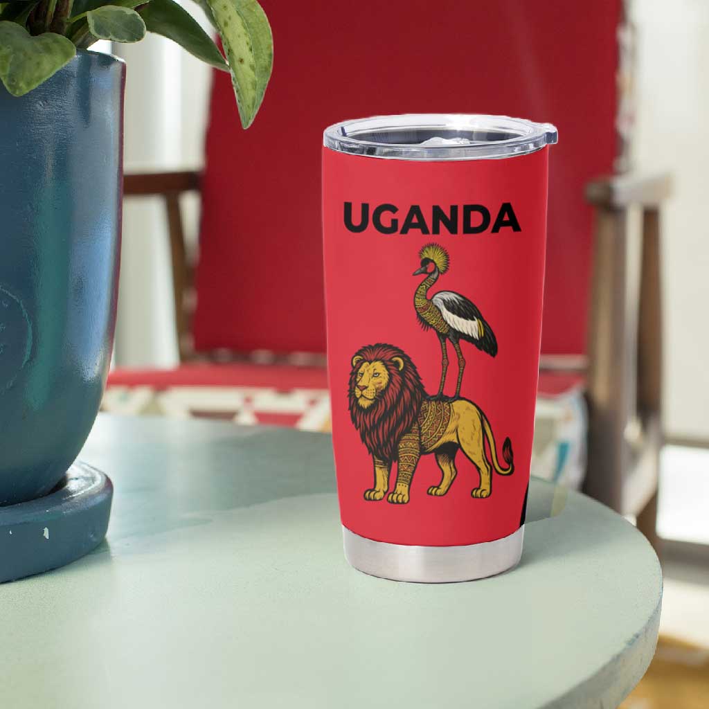 Uganda Tumbler Cup - African Wildlife Elephant Lion and Crane in Tribal Pattern Design