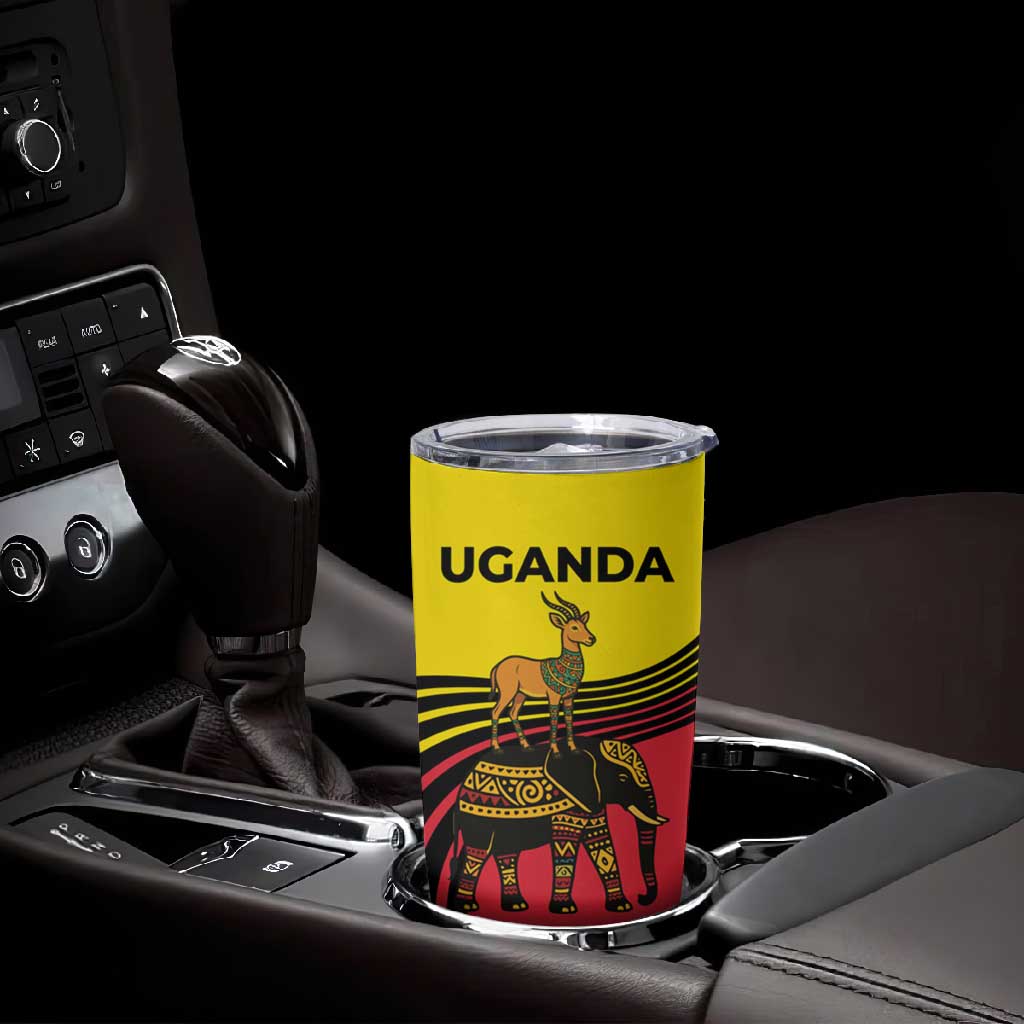 Uganda Tumbler Cup - African Wildlife Elephant Lion and Crane in Tribal Pattern Design