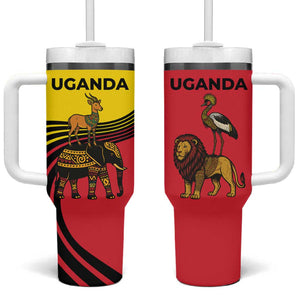 Uganda Tumbler With Handle - African Wildlife Elephant Lion and Crane in Tribal Pattern Design