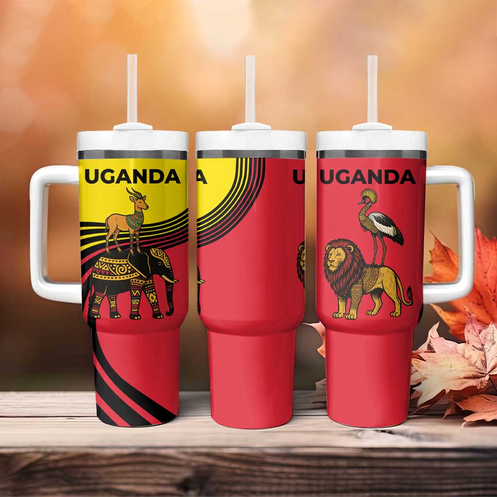 Uganda Tumbler With Handle - African Wildlife Elephant Lion and Crane in Tribal Pattern Design