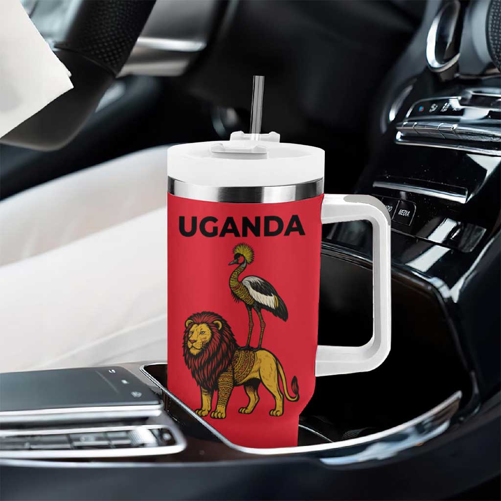 Uganda Tumbler With Handle - African Wildlife Elephant Lion and Crane in Tribal Pattern Design