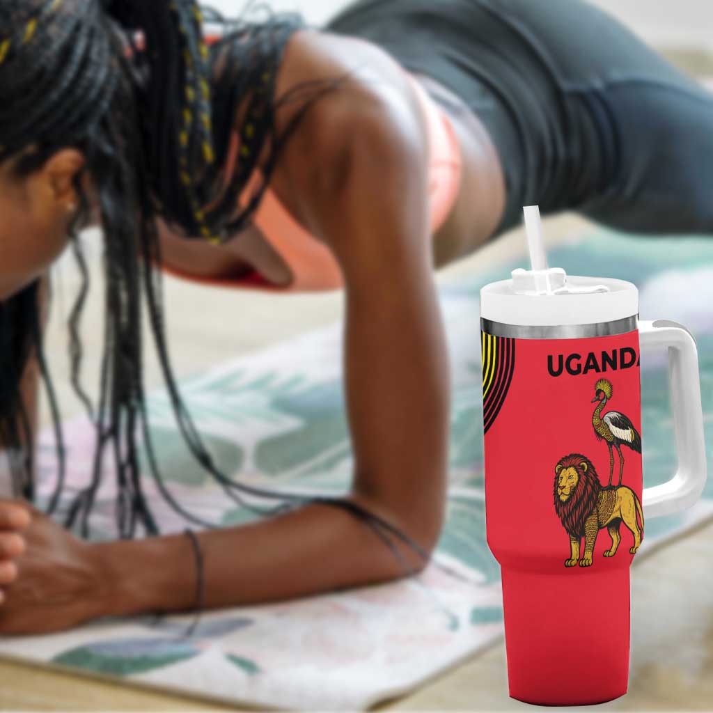 Uganda Tumbler With Handle - African Wildlife Elephant Lion and Crane in Tribal Pattern Design