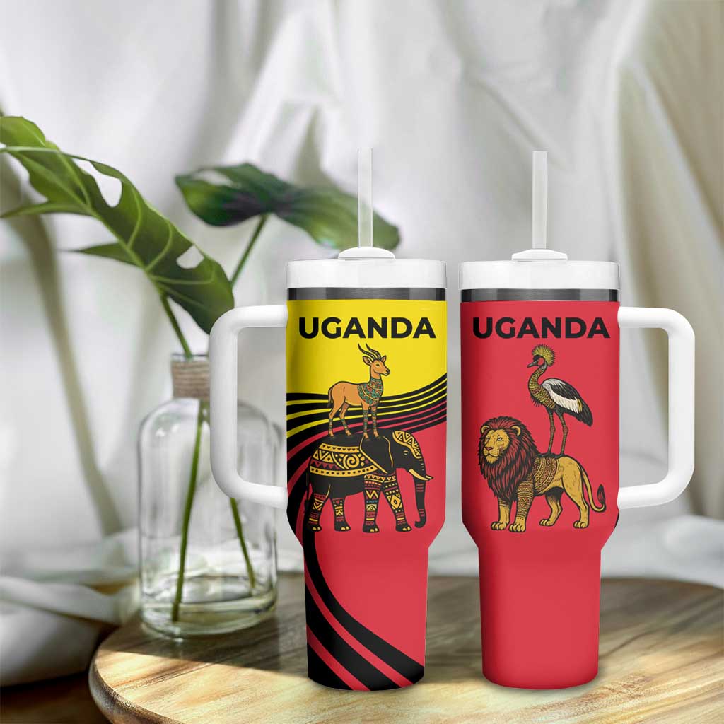 Uganda Tumbler With Handle - African Wildlife Elephant Lion and Crane in Tribal Pattern Design